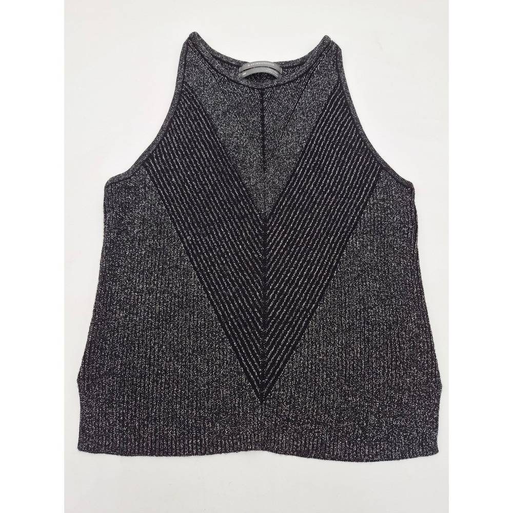 Anthropologie Metallic Silver Black Knit Halter Top Chevron Ribbed XSP OB1037902
